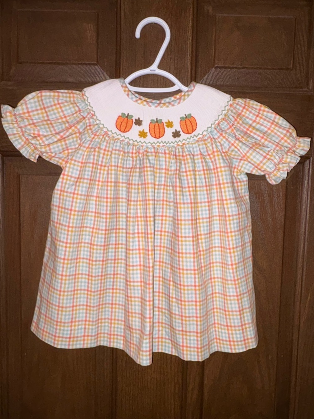 Girls' Pumpkin Smocked Plaid Top - Orange & Cream